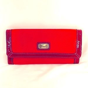 Fossil Red Leather Trifold Snap Wallet Clutch Patent Leather Trim